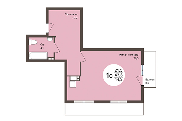 Студия 44,30 м² в Дом на Коротаева. Планировка
