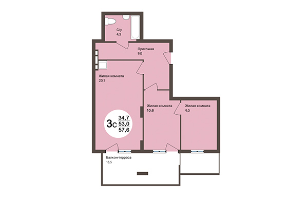 3-комнатная квартира 57,60 м² в Дом на Коротаева. Планировка